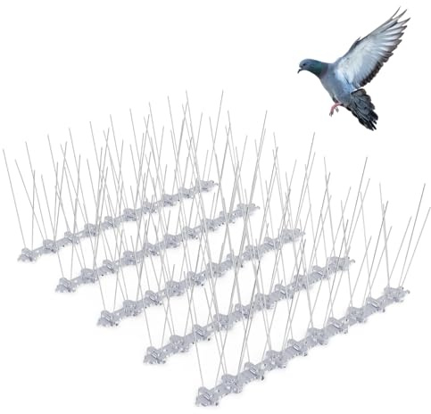 Pinchos Antipalomas de Acero Inoxidable, 3 m, 12 Piezas - con Base Transparente - Resistentes y Anticorrosivas - Anti Gatos y Pájaros - para Vallas, Balcones, Techos, Jardines y Barreras Privadas | Protección para techo, aire acondicionado y paredes, puntas antipájaros resistentes con base de plástico