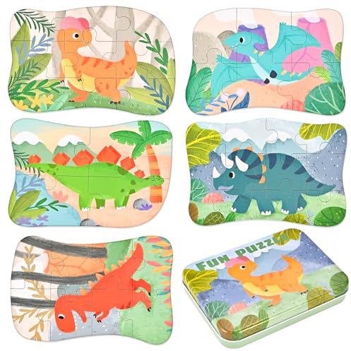 Faburo Puzzle Infantil de Dinosaurio Rompecabezas niños, Puzles 5 imágenes | Juguete Educativo Montessori Madera Puzzles Adecuado para Niños y niñas a Partir de 3, 4 y 5 años