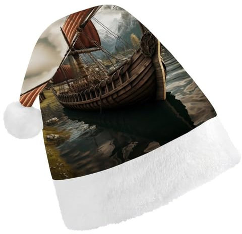 FZMVSQH Weihnachtsmütze für Erwachsene, altes Boot, bedruckte Weihnachtsmannmütze, Weihnachtsmütze für Erwachsene, dicker Komfort, klassische Nikolausmütze für Weihnachten, Neujahr, festliche