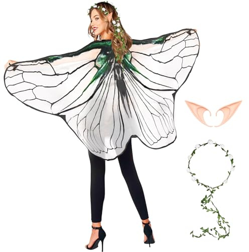 Mprocen Erwachsene Feenflügel, Schmetterlingsflügel mit Feenohren Blumenkranz, Damen Feenflügel Kostüm Set für Karneval Geburtstag Weihnachten Halloween Comic Con Rollenspiel Thematische Party