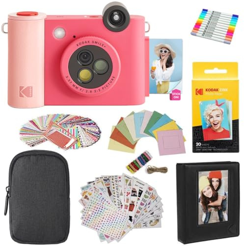 KODAK Smile+ - Paquete de Regalo de cámara instantánea Digital e Impresora fotográfica 2 en 1, Funda + Papel Zink + álbum + calcomanías + Marcos + marcadores, Color Fucsia