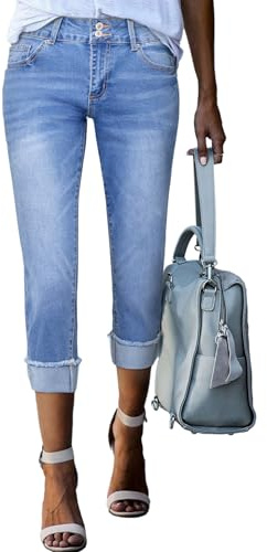Sidefeel Women's Jean Capris High Waisted Stretchy Skinny Roll-up Summer Cuffed Cropped Zimbaplatinum Denim Pants Light Blue Size 14