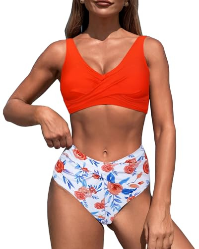 LUNNTE Damen Zweiteiliger Badeanzug V Ausschnitt überkreuztes High Waist Hoher Taille Blumenmuster Bauchkontrolle Bikini Bademode Bikini Sets (Orange, L)