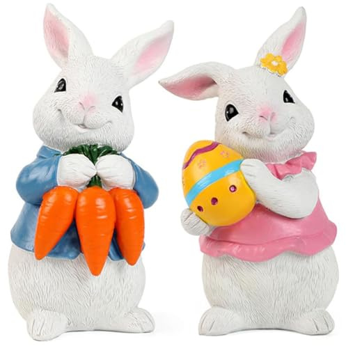 OKESYO Osterhase Deko 2 Stück Osterhasen Figuren mit Karotten und Ostereiern Ostern Deko Figur Harz Osterdeko Geschenk für Frauen Männer Mama