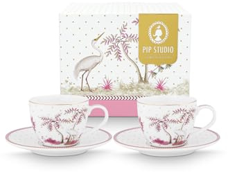 PIP STUDIO Jolie Dots Gold Pink - Taza de café con platillo (120 ml), diseño de lunares, color rosa y dorado