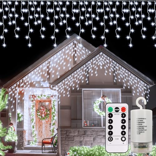 DBFAIRY 6M Eisregen Lichterkette Außen Batterie Weihnachten mit Timer | 300 LED Lichterkette mit Fernbedienung, Wasserdicht 8 Modi Weihnachtslichterkette für Haus Hochzeit Dekoration (Kaltweiß)