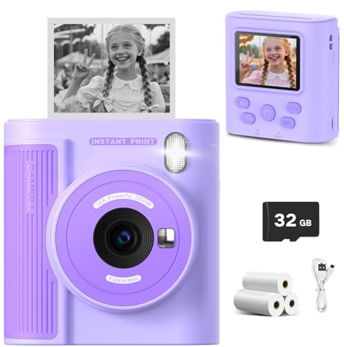 Zicor Caméra Enfants avec Carte SD 32GB, Vidéo 1080HD & Impression Instantanée, Cadeau Noël/Anniversaire Garçons-Filles, Portable