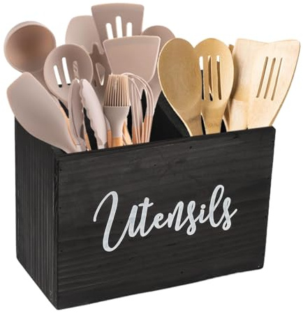 ZoeQide Porte-ustensiles en bois à 2 compartiments – Porte-couverts noir de style ferme avec poignée et crochet, organiseur d'ustensiles de cuisine pour montage mural ou pour plan de travail