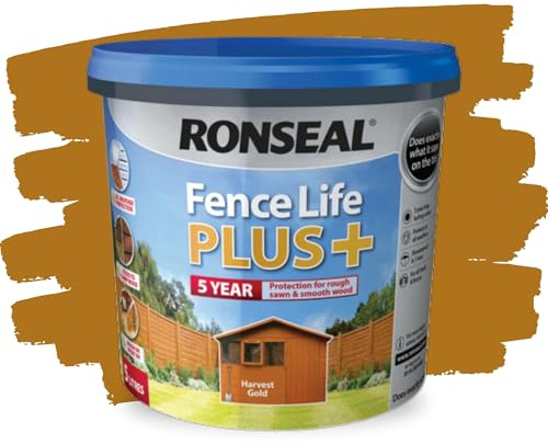 SAVING HUB 2x Fence Paint 5L – Shed & Fence Life Plus Paint for Outdoor Wood – Weatherproof Garden Paints – For Rough Sawn & Smooth Timber – Exterior Wood Treatment, (Harvest Gold, 5 Liter)