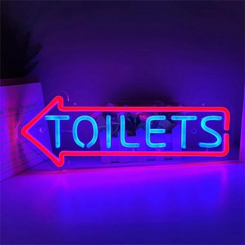 Zayeksole Toilets Insegne al Neon A LED con Freccia A Sinistra per Decorazioni Murali, Alimentazione Tramite Spina, Oscuramento A 23 Tasti, Luce al Neon per Servizi Igienici, Toilette,50x19cm