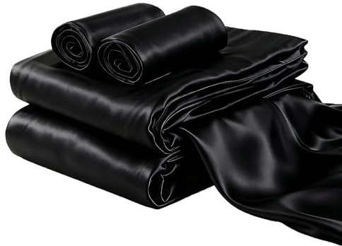 COZYXWORLD 4 Piece Satin Silky Sheet Set Full Size, Smooth Cooling Sheets for Night Sweats Relief, Hair Care Fresh Feel for Hot Sleeper, Black