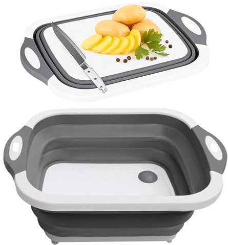 SSKT 3-in-1 Collapsible Cutting Board – Multifunctional Kitchen Sink Tub Basin with Drain, Chopping Board & Washing up Bowl – Space-Saving & Portable for Kitchen, Camping, RV, & Outdoor Use (Grey)