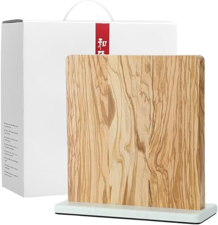 HEZHEN Double-Sided Magnetic Knife Holder Without Knives, Olive Wood Knife Block for Kitchen Counter, Space-Saving Knife Storage, Strong Enhanced Magnets Strip, Non-Slip Marble Base