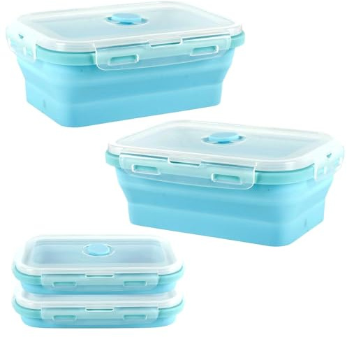 Gykutix 2 Pièces Lunch Box Boite Repas Silicone Boîte à Lunch Pliante 800ml Boite a Lunchbox Micro Ondable avec Couvercles, Pliables Bento Lunch Box pour Bureau, École, Pique-Nique, Camping (Bleu)