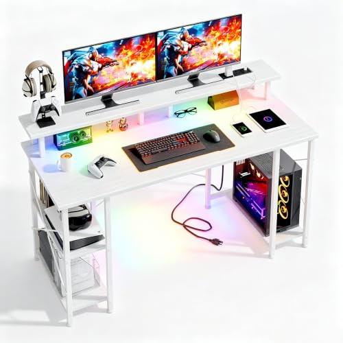 MUTUN Gaming Desk with LED Lights & Power Outlets, 120x50cm Computer Desk with Storage Shelves and Dual Monitor Stand, for Home Office Study Bedroom Small Spaces，White