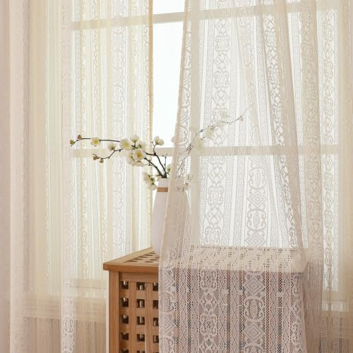 Gazal Vole Boho Häkel Gardinen Beige 2er Set, H 160 x B 140 cm, Transparente Makramee Spitzengardinen mit Stangentasche, Vintage Landhausstil Vorhänge für Wohnzimmer Schlafzimmer