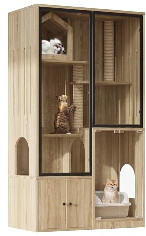 Grande gabbia per gatti 90x50x160 cm, villa per gatti a 4 piani con facciata in vetro, casa per gatti e casetta per piccoli animali resistente all'inverno, inclusa colonna per graffiare – per interni
