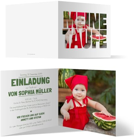 Personalisierte Taufe Einladungskarten (Sets 10 bis 100 Stück) - Fotoschrift - Taufeinladung Klappkarte quadratisch 148x148mm mit eigenem Bild und Text