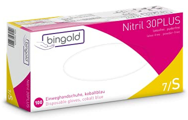Einmalhandschuhe BINGOLD Nitril 30PLUS, Nitrilhandschuhe, kobaltblau, Größe S, 100-er Pack | Puderfreie Einweghandschuhe aus Nitril für Hygiene, Pflege und Labor, weiß, Größe S, 100 Stück