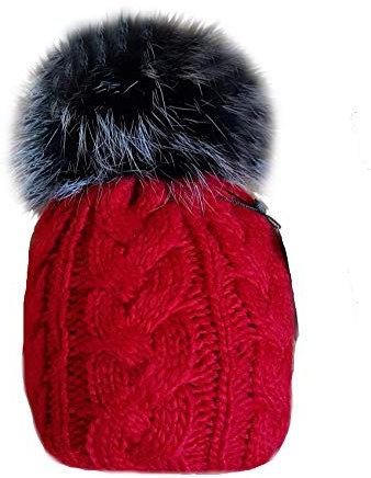 MERRYLAND Mütze Echtfellbommel Schwarz Pudelmütze ECHTFELL Bommelmütze Hat Real Fur Handmade Fellbommel Echt Fell Strickmütze Bommel Pelzbommel Waschbär Raccoon Pelz