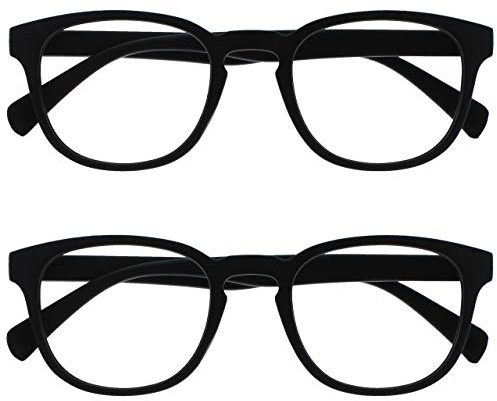 OPULIZE Pop Lesebrille 2er Pack Keck Rund Matt Rahmen Federscharniere Kratzfest Schwarz Herren Damen RR2-1 +2.00