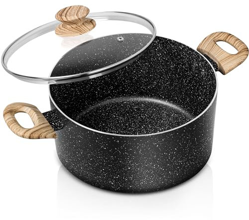 MICHELANGELO 24cm Stock Pot with Lid, 5L Soup Pots with Lid, Granite Cooking Pot Nonstick, Induction Pot with Stay-Cool Handle, 5L Stockpot Non Stick Pots Black