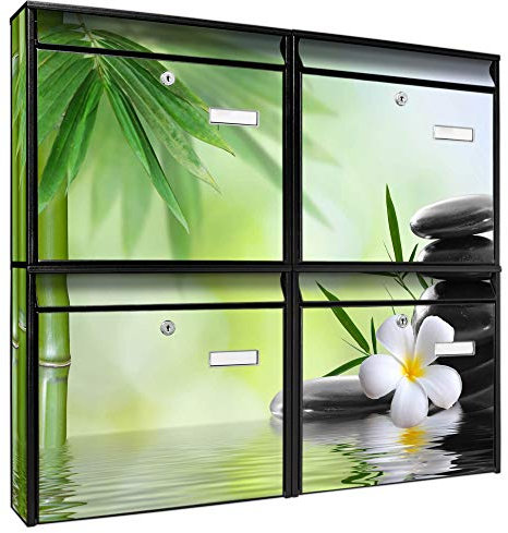 banjado Briefkastenanlage 4 Fach - Postkästen groß - verzinkter Stahl schwarz DIN A4 Motiv Steine & Relax - Briefkasten Set 4 Briefkästen Namensschild, 2 Schlüssel, Montagematerial