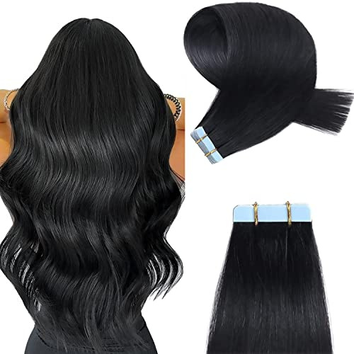 YILITE Tape-In Real Hair Extensions, Jet Black, 35 cm, 20 Pieces/Pack, 40 g, Invisible Silky Straight, Skin Weft Tape Ins, Natural (Extension)