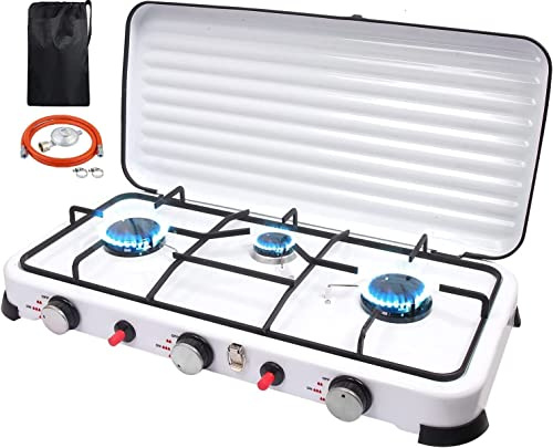 Qdreclod Cocina Portátil 3 Fuegos 5.4kw Camping Cocina de Gas Butano GLP Exterior Festivales, Eencendido Piezoeléctrico Hornillo Quemador de Gas al Aire Libre con Tapa (norma 1, Blanco)