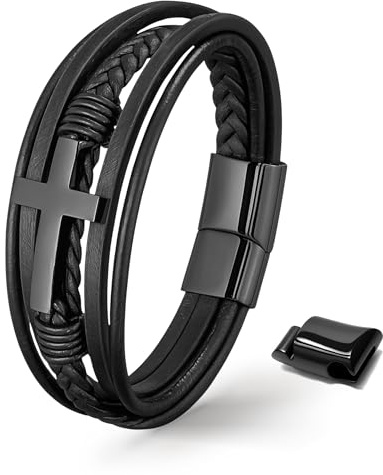 UNIQAL | Kreuz Lederarmband Herren „HEAVEN“ | Echtleder Armband mit Kreuz | Schwarzes Cross Bracelet | Magnetverschluss | Geschenk für Männer | Geschenkbox Inklusive