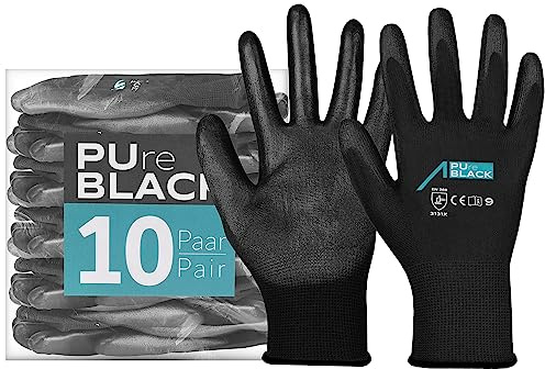 ACE PUre Black 10 paires de gants de travail - délicats & robustes - pour le travail - EN 388/21420 - Noir - 11/2XL