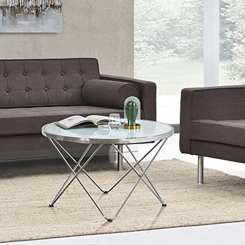 Table Basse pour Salon Table Ronde Esthétique Plateau en Verre Trempé Métal Chromé 80 x 50 cm Verre Dépoli Argenté