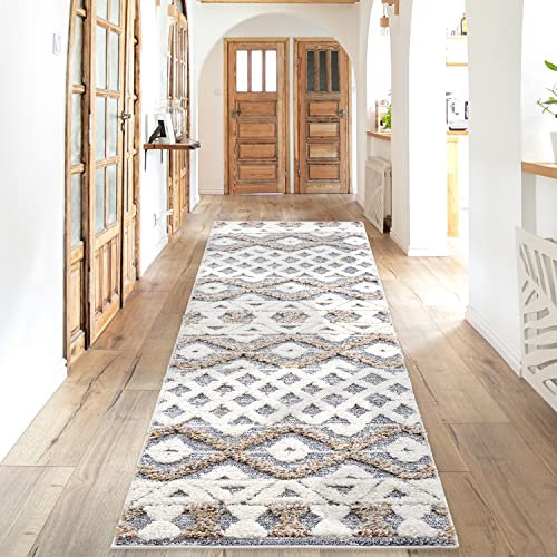 payé Teppich Läufer - 80x300cm - Hochflor Skandinavisch - Ethno- Pastell Creme Multi - Modern Raute Muster - Flauschig - Wohnteppich Schlafzimmer Dekoration