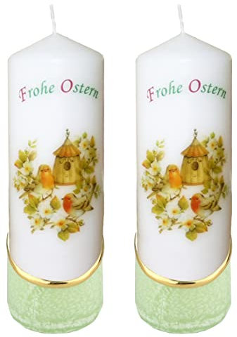 Meissner-Handel Auswahl * 2 Stück Osterkerze Stumpenkerze Osterdeko * 6 x 18 cm * mit farbigen Wachs- und Bildauflagen * Auswahl Motiv + Farbe * grün * (Serie 5/Set 2121)