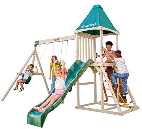 KidKraft Emerald Challenge Outdoor Klettergerüst aus Holz mit Rutsche, Schaukel, Kletterwand und Sandkasten, Outdoor Spielturm für Kinder, Gartenspielzeug, F29550E