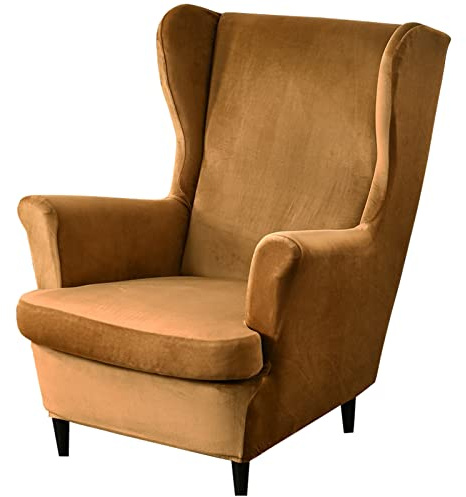 GULI Wingback Chair Cover 2-Piece, Wing Chair Covers Armchair Chair Slipcovers Spandex Sofa Cover Furniture Protector Machine Washable Removable for Living Room, Bedroom, Hotel(Velvet-Camel)