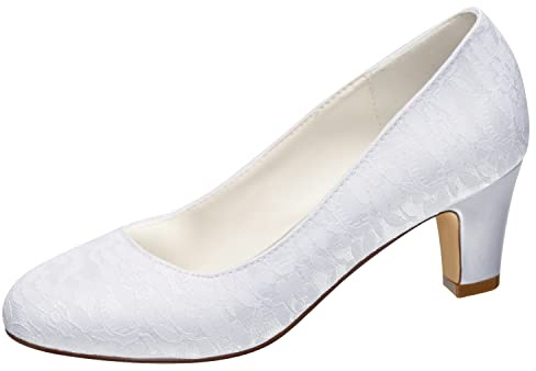 Emily Bridal Brautschuhe Damen Seide wie Satin Stöckel Absatz geschlossene Zehe Pumps (EU38, Weiß)