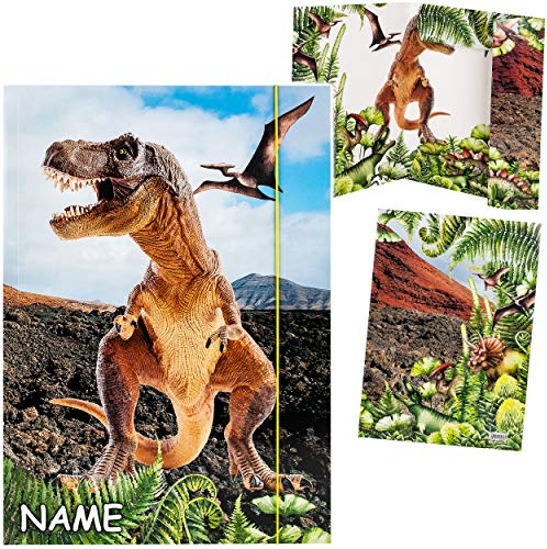alles-meine.de GmbH XXL A3 - Zeichenmappe/Sammelmappe Motivwahl Dinosaurier - Tyrannosaurus Rex - inkl. Name - Ordner - 44 cm - Mappe für Hefte Zeitschriften Zeichnungen ..