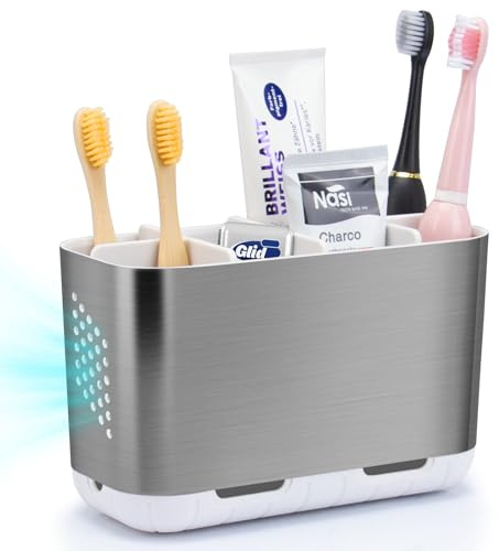 toprance Zahnbürstenhalter 6 Fächer Badezimmer Zahnbürste Organizer mit Drainagelöchern, Abnehmbar Waschbecken Organizer für Elektrische Zahnbürste, Zahnpasta, Mundspülung, Familie Toothbrush Holder