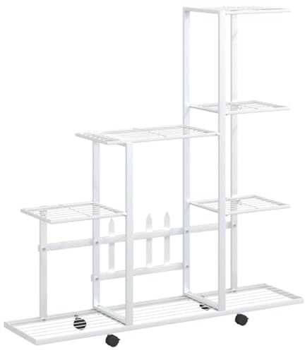 vidaXL Blumenständer auf Rollen Blumentreppe Pflanzenständer Blumenregal Pflanzentreppe Pflanzregal Blumenbank 94,5x25x92,5cm Weiß Metall