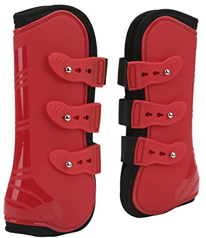 NDNCZDHC 2 Stück Pferdesehnengamaschen aus PU-Neopren, Verstellbar, Pferde-Vorderbeine, Stützstiefel, Schutzpferd Für Das Training, Rennsport-Rot(L)