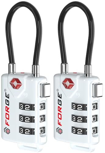 Forge Cadenas à bagages à câble approuvé par la TSA, combinaison reconfigurable avec corps en alliage (2 serrures blanches)