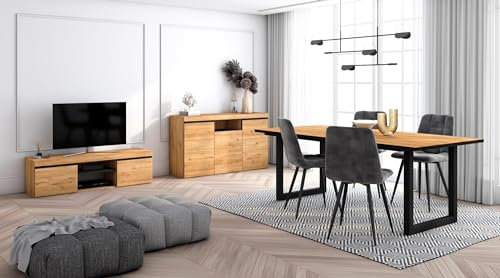 Skraut Home - Wohnzimmermöbel-Set | Tisch 200 Rand Schwarze U-Beine 10 Personen | Lowboard 140 | Sideboard/Buffetschrank 140 | Eiche und Schwarz | Industrieller Stil