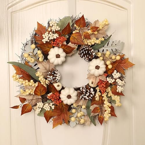 Couronne d'automne pour porte d'entrée, 45 cm, cadre en rotin avec pivoine et grenade, fleurs et feuilles, couronne de citrouilles artificielles pour Thanksgiving, Halloween, couronne de récolte