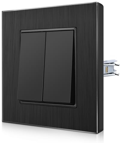 CNBINGO Aluminium Wippschalter mit Spannkrallen, 2-Fach 1-Weg, Schwarz | Lichtschalter Unterputz mit Rahmen aus Aluminium, Krallen für Einfache Montage, Wandschalter Kratzfest, Robust, Leicht