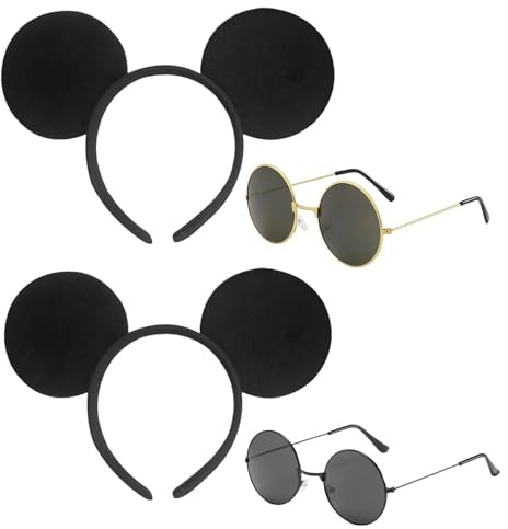 EUPSIIU 4 Pieces Mouse Costume Set Mouse Ear Headband Black & Gold Glasses, Cartoon Mouse Ears Birthday Party Accessories Fancy Dress World Book Day Animal Costume For Kids Adults Party Cosplay (4PCS)