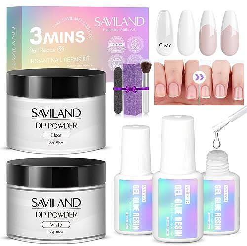 Saviland Nail Repair Kit for Broken Natural Nails: 3 Mins Repair&Air Dry Dip Powder Nail Kit for Nail Repair White Clear Dipping Powder Nail Glue Nail File Nail Dust Brush for Nail Repair Treatment