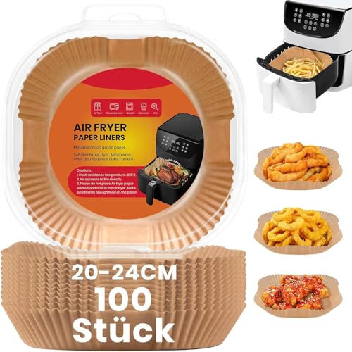 SAEIV Heißluftfritteuse Backpapier 100 Stück, Airfryer Backpapier 20-24 cm, BPA-frei, Antihaft Wasserdicht Ölfest Einwegschalen Air Fryer Baking Paper für 4.7L - 7.3L2, Quadrat