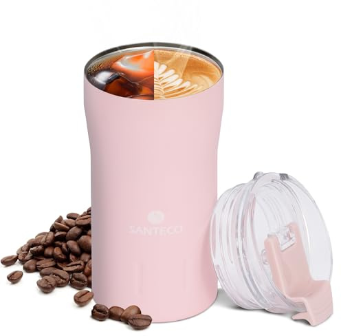 SANTECO Thermobecher- Isolierbecher, Edelstahl Travel Mug, 350ml & 500ml Vakuum auslaufsicher Reisebecher mit Deckel, Autobecher (Weiß, 350, Milliliter) (Rosa)
