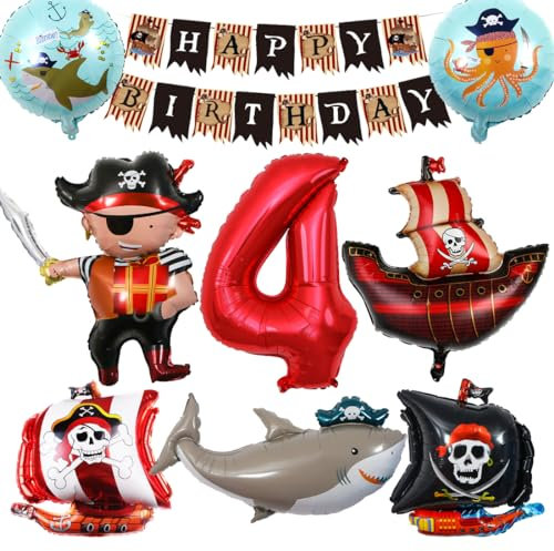 Bluelves Piraten Kindergeburtstag Luftballons 4 Jahre,Piratenschif Folienballons Geburtstagsdeko,Ozean Tiere Hai Helium Luftballon,Piratenschiff Ballons Deko für 4 Jahr Kinder Geburtstagsfeier